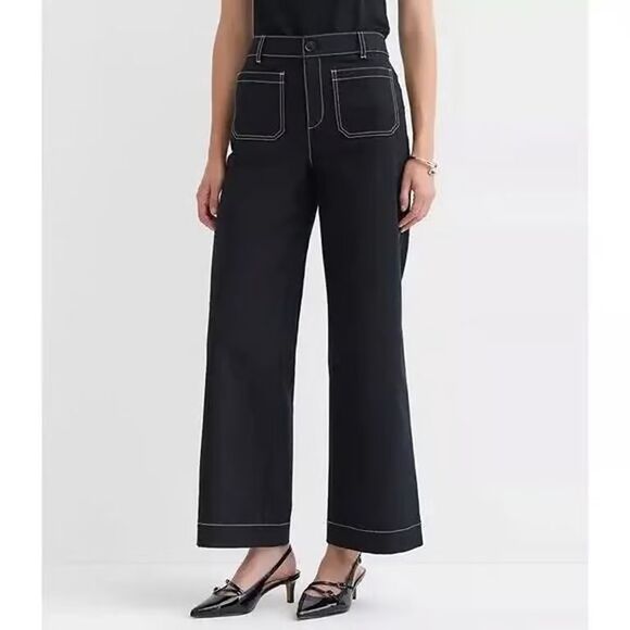 8 LOFT The Palmer Wide Leg Patch Pocket Pants Black Contrast Stitch - Picture 2 of 10